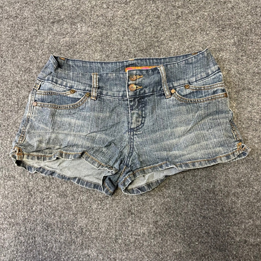 GLO Jeans Shorts Womens Size 9 Blue Denim Low Rise Double Button Flap Pockets